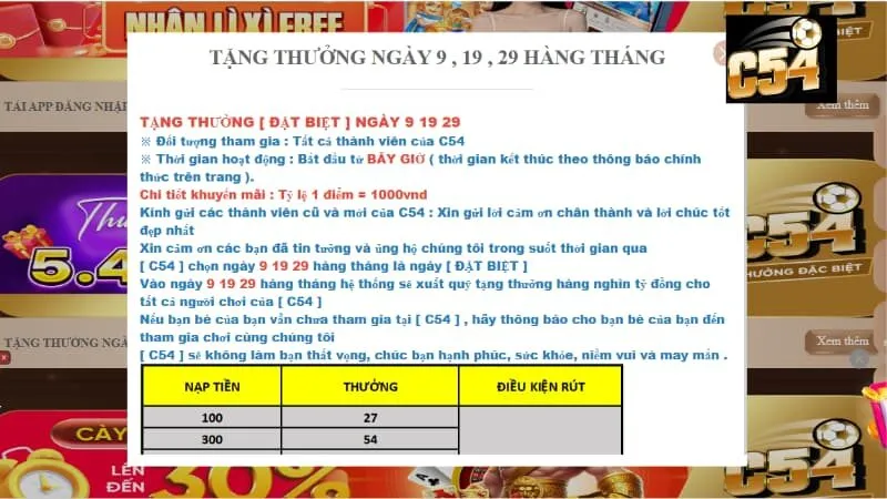 Chi tiết các mã khuyến mãi C54